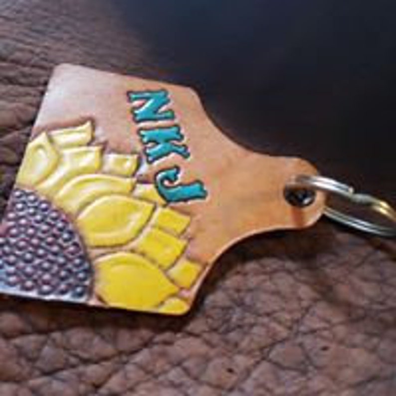 Custom Sunflower Leather Ear Tag Key Chain
