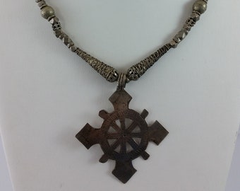 Vintage Tribal Ethiopian African Silver / White Metal Coptic Cross Pendant Necklace w/ Yemeni Silver Beads