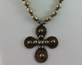 Vintage Tribal Ethiopian African Silver / White Metal Bead & Coptic Cross Pendant Necklace