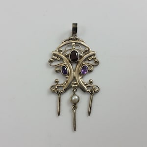 Vintage Ornate .925 Sterling Silver Necklace Pendant w/ Insets of Pearl, Faceted Garnet & Amethyst