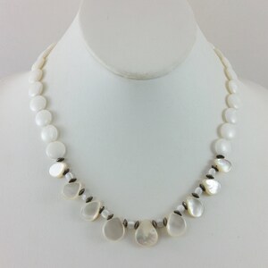 Elegant Handmade Mother-of-Pearl Teardrop Pendants & Beads Necklace w/ Sterling Silver Saucer Beads and Clasp - Artisan Beaded Jewelry -