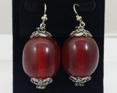 Vintage Manmade Cherry Amber 925 Sterling Silver Fish Hook Dangle Earring Pair - Custom Earrings -