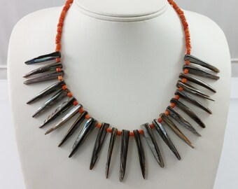 Handmade Mother-of-Pearl Leaf/Tooth Shape Tribal Style Pendant Necklace w/ Genuine Coral Beads