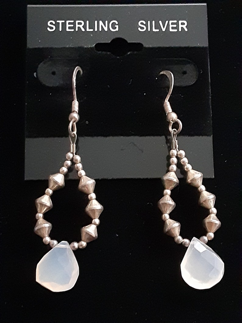 Vintage Faceted Chalcedony Teardrop and Sterling Silver Bead Teardrop Dangle Earrings Pair with Sterling Silver French Wire Back