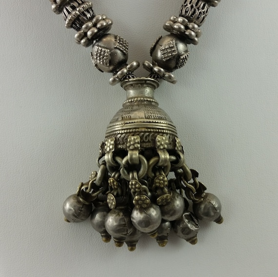 Ornate Yemeni & Tharu Tribe Pendant Necklace with Yemeni Silver Beads
