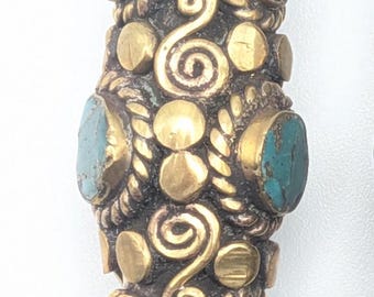 Vintage Large Tibetan Mosaic Turquoise, Coral and Brass Bicone Bead - Rare Beading Supplies - TBB -27