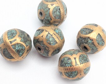 x1 Vintage Tibetan Mosaic Turquoise and Brass Round Bead - Rare Beading Supplies - TBB - 23