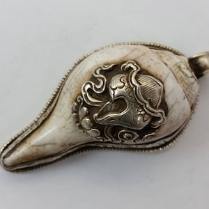 Vintage Große tibetische Sankha Conch Muschel & Repousse Wendbar Silber Anhänger - Tibet Buddhistischer Schmuck -