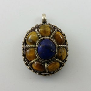 Vintage Lapis Lazuli & Tiger Eye Stone Necklace Pendant w/ .925 Sterling Silver Set SP2