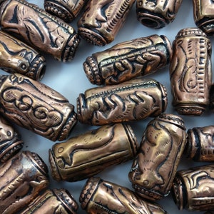 x1 Vintage Large Tibetan Repousse Copper Bird/Mammal Animal Design Tube Bead - Rare Beading Supplies -