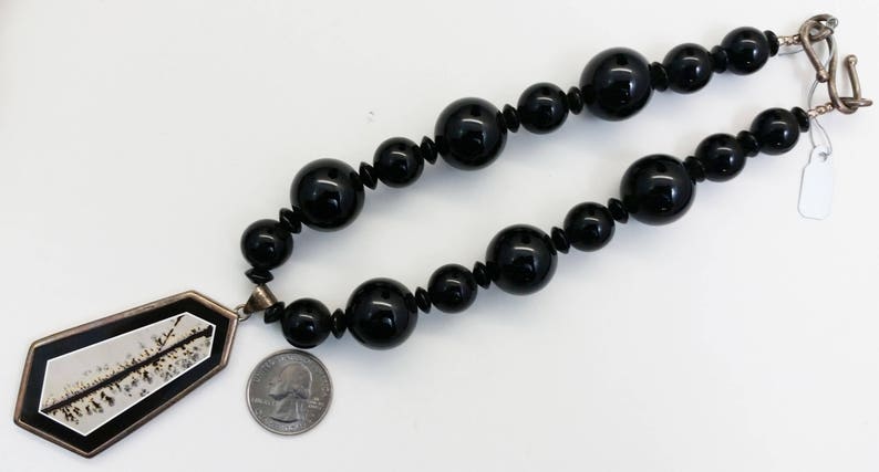 Dendrite Stone Pendant Necklace w Sterling Silver Wrap /& Clasp Smooth Black Onyx Beads
