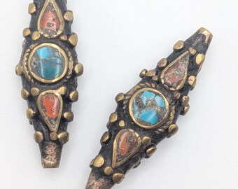 Vintage Tibetan Mosaic Turquoise, Coral and Brass Bicone Beads Pair - Rare Beading Supplies - TBB -25
