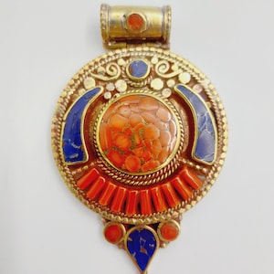 Vintage Rare Tibetan Sherpa Coral and Lapis Mosaic with Chased Brass Pendant  - TB-C14