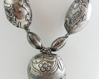 Antique Chinese Repousse Sterling Silver Crotal Bell Pendant Necklace w/ Antique Chinese Sterling Silver Beads