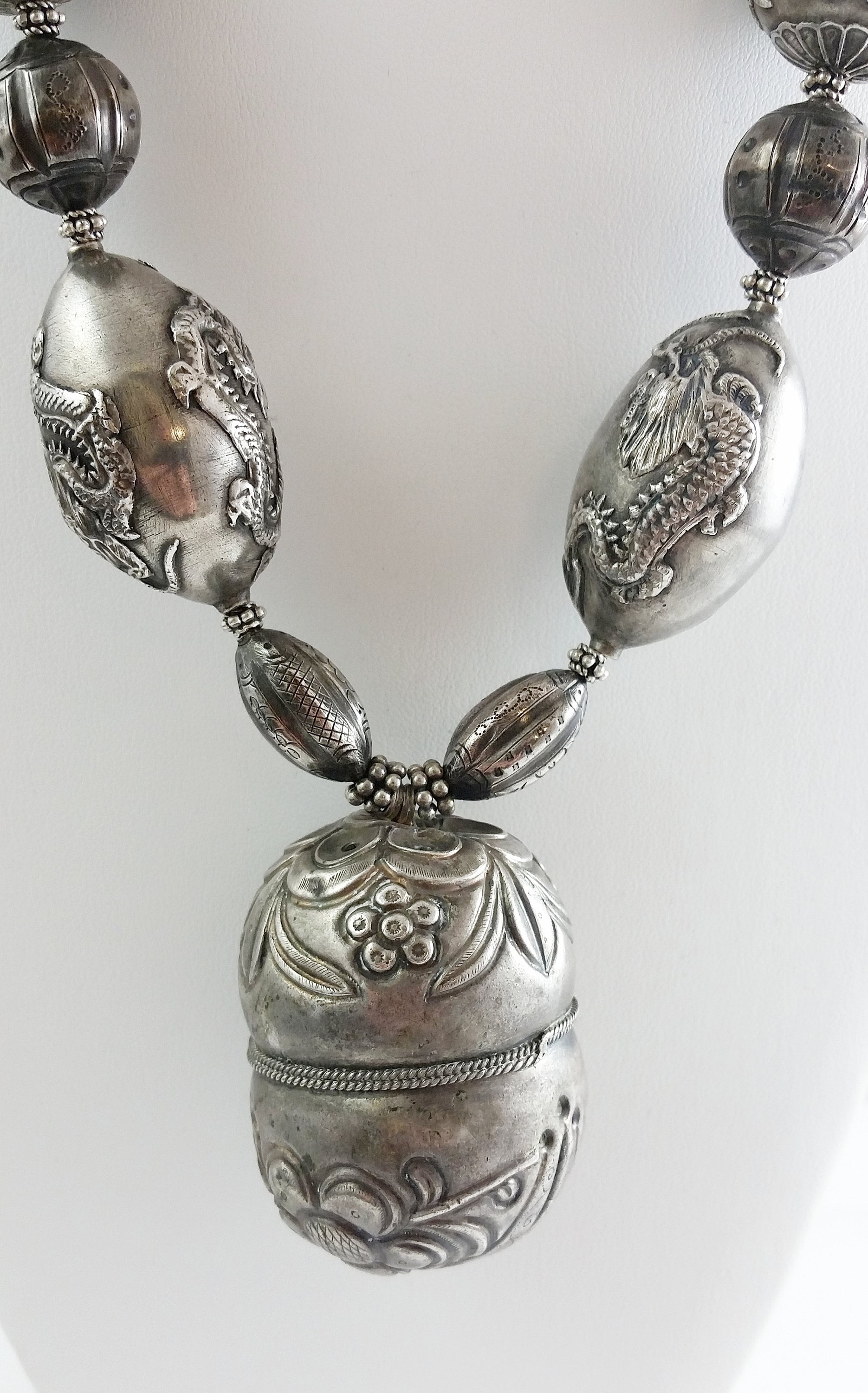 Antique Chinese Repousse Sterling Silver Crotal Bell Pendant