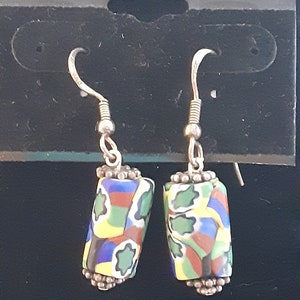 Pair of Antique Venetian Multi Color Millefiori Tribal African Trade Beads Earrings With Sterling Silver Fish Hooks