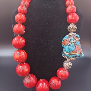 Tibetan Necklace With Inlaid Turquoise and Dyed Red Coral Beads