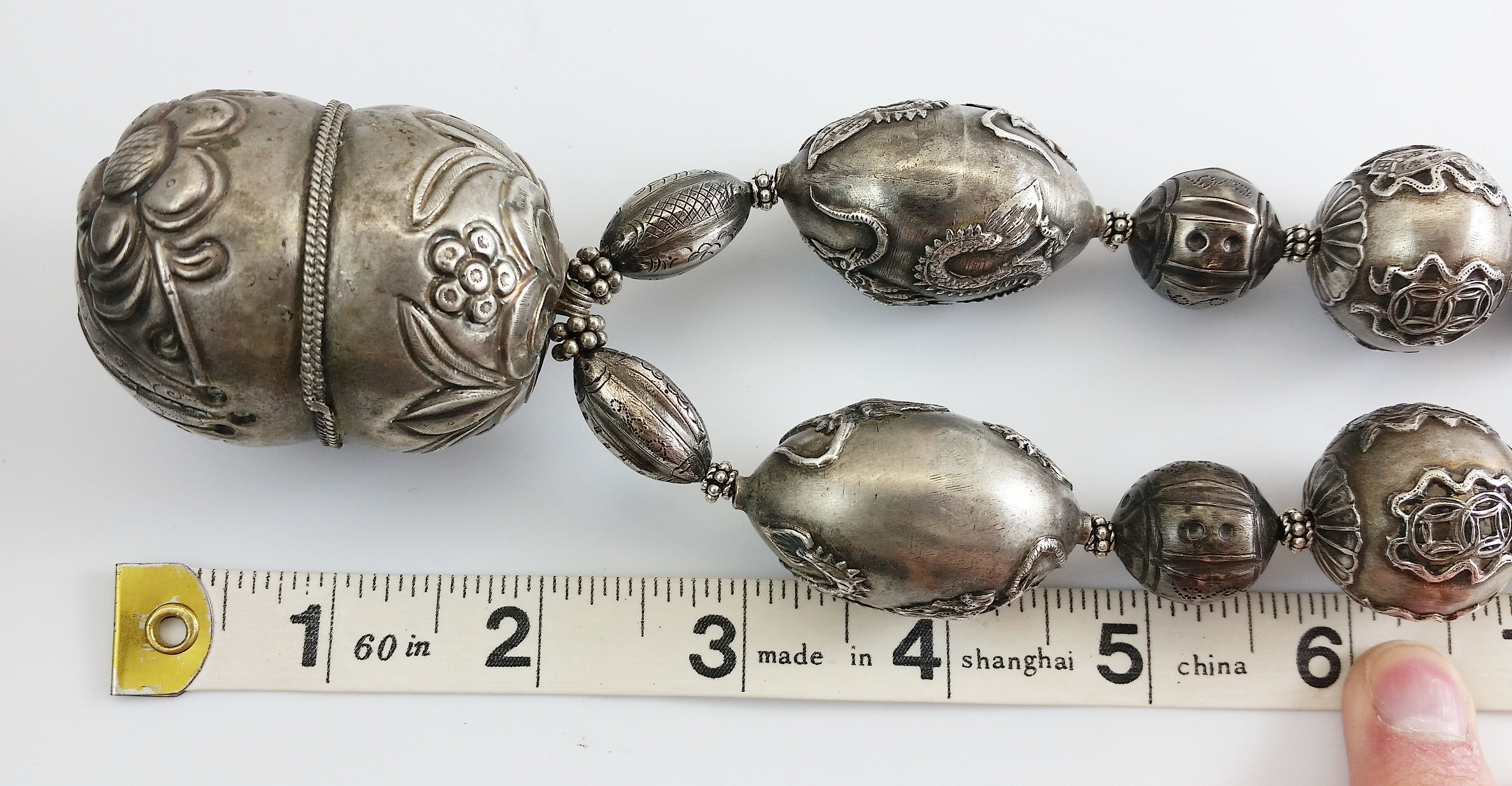 Antique Chinese Repousse Sterling Silver Crotal Bell Pendant