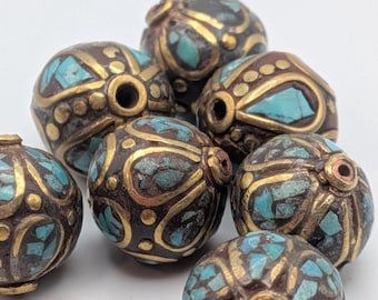 Lots of Pairs and Singles Vintage Tibetan Mosaic Turquoise Inset and Filigree Brass Round Beads - Rare Beading Supplies - TBB -5