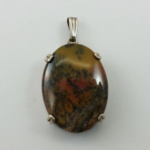 Vintage Jasper Stone Oval Necklace Pendant w/ .925 Sterling Silver Set SP2