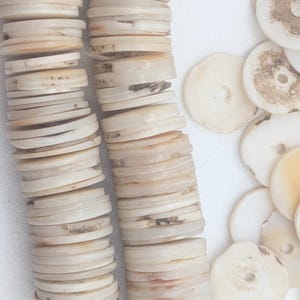 May include: Close-up of natural, off-white shell beads. Two stacks of disc-shaped beads are visible, alongside a scattering of individual beads. The beads have a natural, organic appearance with variations in color and texture, and a hole in the center.