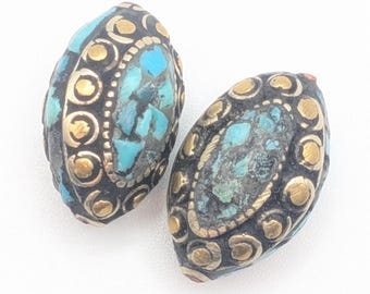 Pair of Vintage Tibetan Mosaic Turquoise & Brass Oval Beads - Rare Beading Supplies - TBB -10