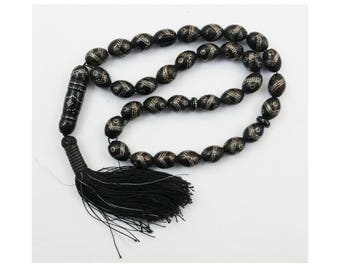 Authentic Antique Black Coral Islamic Prayer Beads Necklace - Muslim Worry Beads - 48 Grams