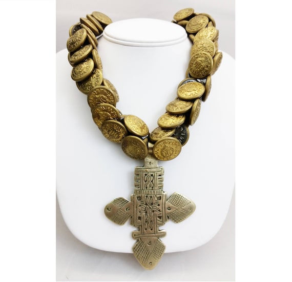 Handmade Ethiopia Brass Coptic Cross Pendant Necklace W