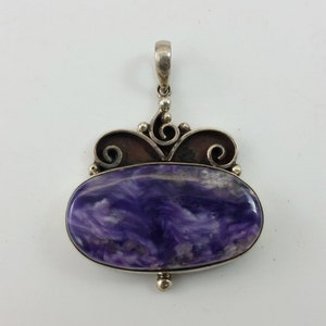 Vintage Charoite Stone & .925 Sterling Silver Oval Necklace Pendant P9