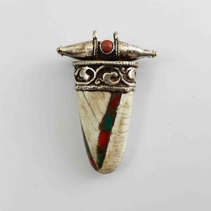 Vintage Tibetan Chank Shell & Repousse Sterling Silver Tooth-Shaped Pendant w/ Gak Inlay + Coral Inset