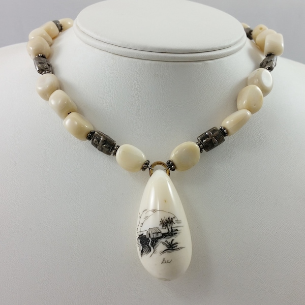 Vintage Scrimshaw Teardrop Pendant Necklace w/ Faux Ivory Lucite/Celluloid & Sterling Silver Beads