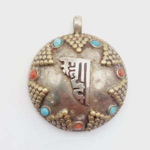 Antique Silver Kapala Pendant with Turquoise and Coral Insets - TP-10