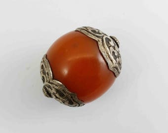 Vintage Huge Tibetan  Repousse Sterling Silver Capped Faux Amber Round Bead