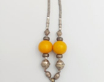 Vintage Tribal Ethiopian African Silver Coptic Cross Pendant Necklace w/ Large Silver and Yellow Beads and Small Silver Disc Beads - AJ-6