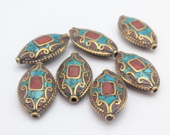 Large Vintage Tibetan Turquoise, Coral & Brass Inset Mosaic Flat Oval Beads - Rare Beading Supplies - TBB -11