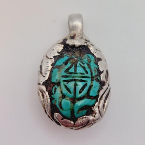 Vintage Antique Tibetan Oval Turquoise? Resin? & Repousse Silver Foil Pendant - TP-5