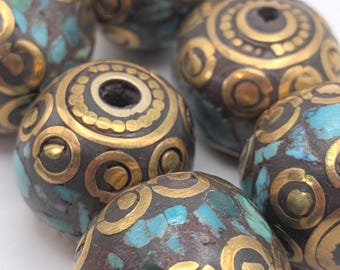 x1 Vintage Tibetan Mosaic Turquoise & Brass Round / Barrel Bead - Rare Beading Supplies - TBB - 15