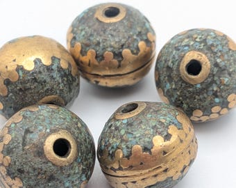 Lot of 5 Vintage Tibetan Mosaic Turquoise Chip and Brass Inset Round Bead - Rare Beading Supplies - TBB - 21