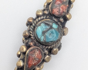 Vintage Tibetan Mosaic Turquoise, Coral and Brass Bicone Bead - Rare Beading Supplies - TBB -24