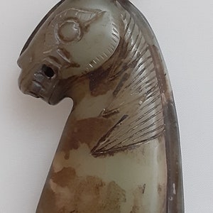Vintage Hand Carved Green / Brown/ Black ??Jade?? Stone Horse Head Pendant with Wonderful Detail