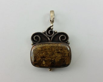 Vintage Rectangle Pietersite Stone & .925 Sterling Silver Necklace Pendant SP1