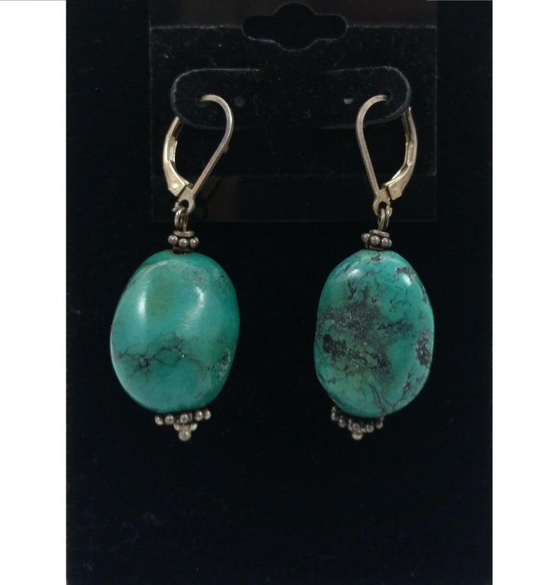 Natural Cut Oval Turquoise Stone Bead /& .925 Sterling Silver Lever Back Earring Pair Custom Earrings