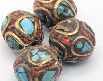 Pair of Vintage Tibetan Mosaic Turquoise, Coral and Bronze Inset Round Beads - Rare Beading Supplies - TBB -19