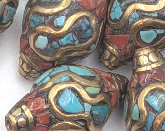 x1 Vintage Tibetan Mosaic Turquoise & Coral Filigree Brass Bicone Bead - Rare Beading Supplies - TBB -3