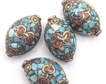 x1 Large Vintage Tibetan Turquoise, Coral & Brass Inset Mosaic Oval Beads - Rare Beading Supplies - TBB -8