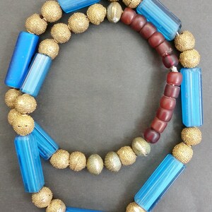 Handmade Tribal African Style Replica Nueva Cadiz Bead Necklace w/ Gold Washed Beads
