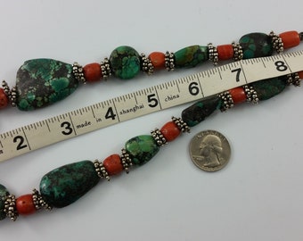 Collier Tibétain Antique En Turquoise Et Cloisonné - État Parfait - Occasion