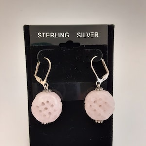 Pair of Vintage Hand-Carved &quot;Rose Quartz&quot; Stone Endless Knot Symbol Round/Disk Bead Earrings