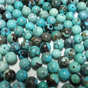 Lot of Ten Vintage Chinese Carved Medium Turquoise Round/Ball Beads - 8-15mm Diameter - CT3/4