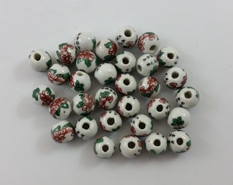 32x Vintage Tribal Chinese Porcelain Floral/Chinese Character Design Bead Lot - 32 ct. - B5